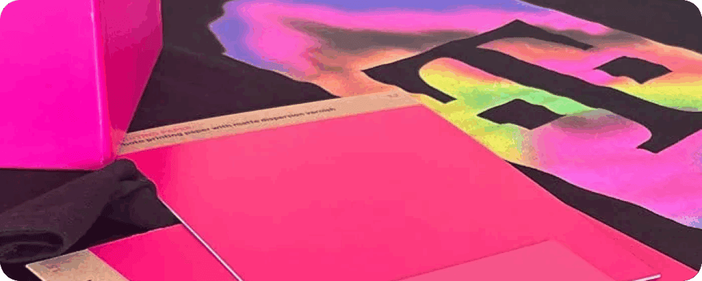 Magentafarbenes Papier und eine Schachtel auf einer Fläche neben schwarzem Stoff mit einem großen Regenbogen-T-Logo, was auf ein laufendes Kunst- oder Designprojekt hindeutet.