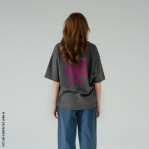 Rear view of the dark gray DEEP EXTRUSION SHIRT worn by a woman with brown wavy hair and jeans. The magenta-colored artwork, which depicts the outlines of the T logo in an infinity mirror effect.
