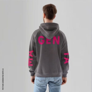 Rear view of a man wearing the BIG LETTERS HOODIE. The oversized lettering in magenta “MAGENTA” that stretches across the sleeves and back is clearly visible.