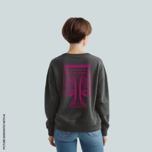 Rear view of the dark gray DEEP EXTRUSION SWEATER worn by a woman with short brown hair and jeans. The magenta artwork, which depicts the outlines of the T logo in an infinity mirror effect and the text “LOVEMAGENTA RGB 226/0/116 est 1995 more than just a corporate color” above it, is clearly visible.