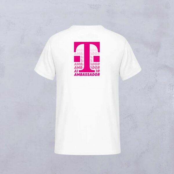 The AMBASSADOR T-SHIRT WHITE is shown on a light gray background and features a bright magenta back graphic with the word “AMBASSADOR” repeated in various shades of magenta.