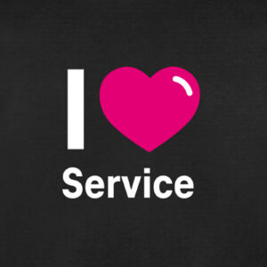 Das Bild zeigt den Text "I ♥ Service" mit einem fetten, magentafarbenen Herzsymbol, das das Wort "Liebe" vor einem schwarzen Hintergrund darstellt.