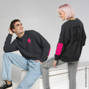 Zwei Personen mit tragen TEAM SWEATSHIRTs mit magentafarbenen Akzenten lächeln sich an.