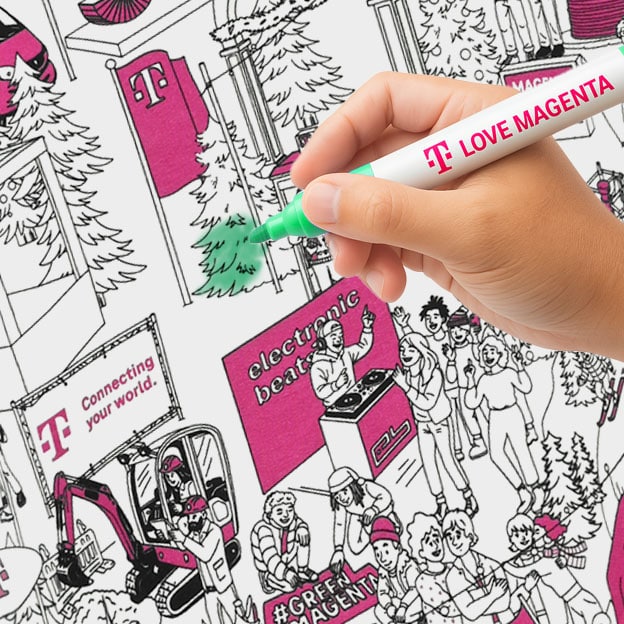 Eine Hand mit einem grünen Marker koloriert eine schwarz-weiße Zeichnung mit Szenen, Menschen, Fahrradzubehör von LOVE MAGENTA und Magenta T-Mobile Branding.