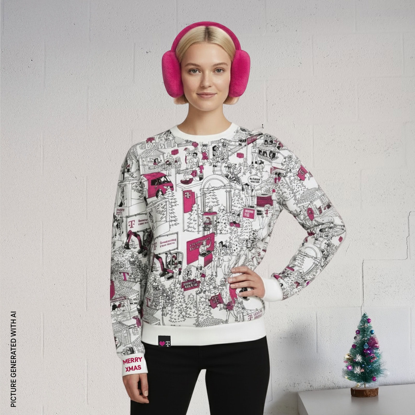Eine lächelnde Person trägt magentafarbene Ohrenschützer und ein festliches Sweatshirt mit weißen, schwarzen und magentafarbenen Weihnachtsmotiven neben einem geschmückten Baum.