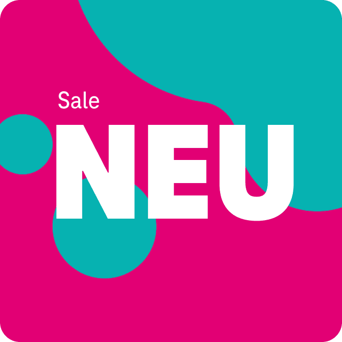 Fetter weißer Text NEU mit kleinerem Sale darüber auf einem LOVE MAGENTA Hintergrund, mit türkisfarbenen abstrakten Formen und Punkten.