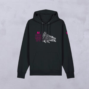 The AI COMMUNITY SWEATER: black hoodie, magenta “AI COMMUNITY” on the left chest, mountain graphic in the center, on light gray.