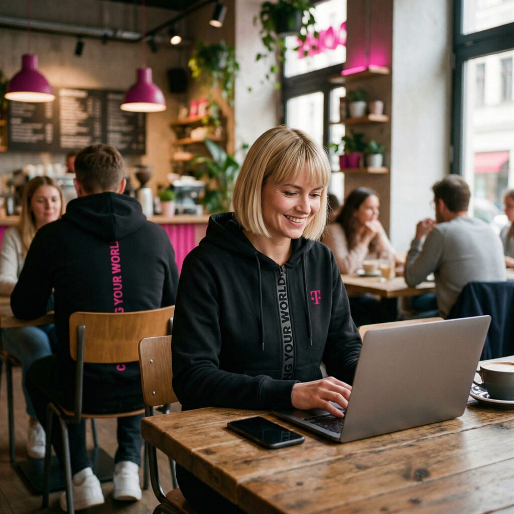 Eine lächelnde Frau in der CONNECTING YOUR WORLD JACKET arbeitet an ihrem Laptop in einem modernen Café mit Pflanzen, magentafarbenen Akzenten und anderen, die sich unterhalten.