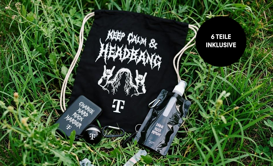 A black drawstring bag with Keep Calm & Headbang on grass, magenta accessories and a black circle with the words 6 pieces included.