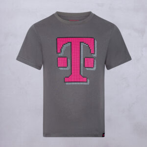 A gray T-shirt with a large, pixelated magenta and gray “T” logo on the front, set against a light gray, textured background.