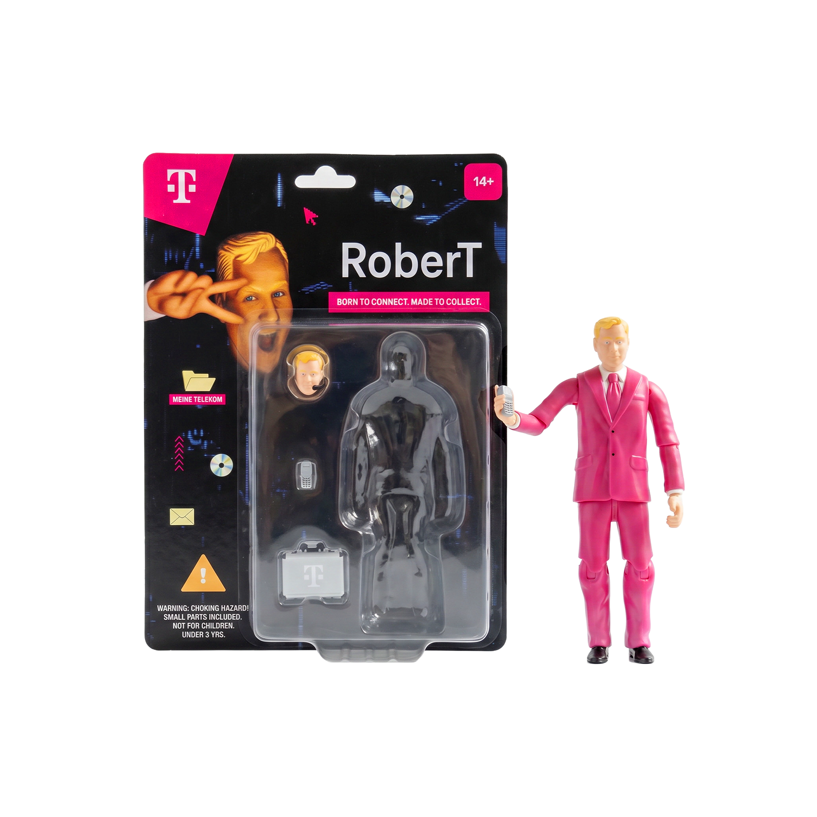 Eine Actionfigur in einem leuchtend magentafarbenen Anzug steht neben ihrer RoberT-Verpackung mit T-Mobile-Logo, einer illustrierten Figur und Zubehör.
