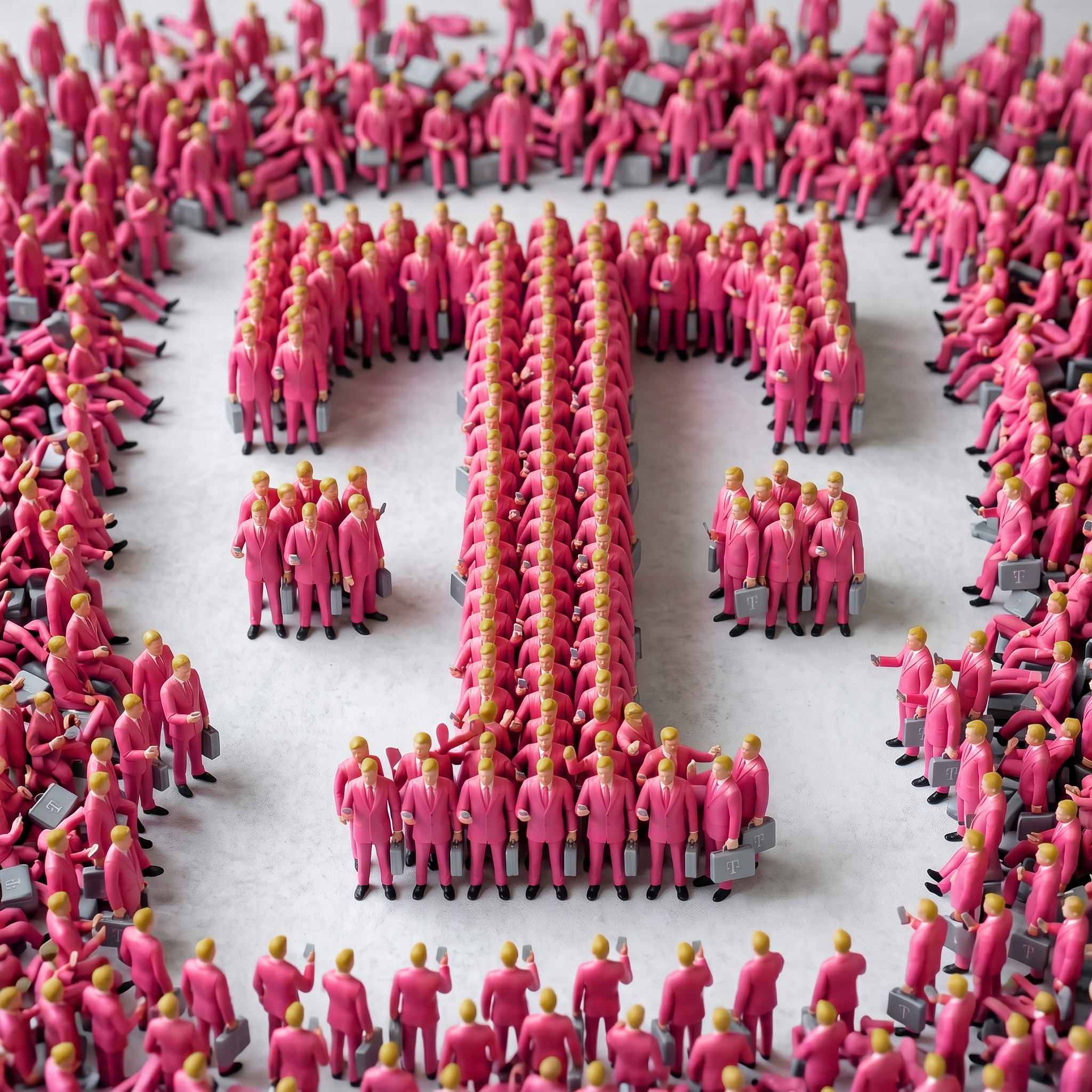 Hunderte von Miniaturfiguren in magentafarbenen Anzügen bilden auf einer hellen Fläche ein großes „T“, während andere an den Rändern verstreut sind.