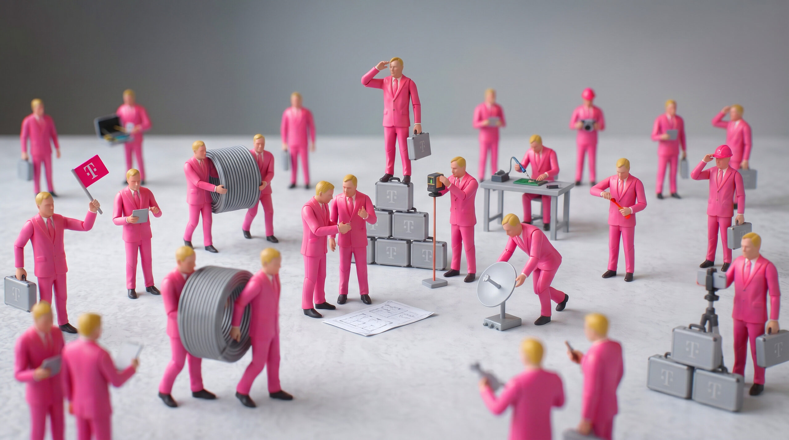 Mehrere identische Miniaturfiguren in magentafarbenen Anzügen arbeiten mit Kabeln, Aktentaschen und Werkzeugen in der Nähe von Telekommunikationsgeräten auf weißen und grauen Flächen.
