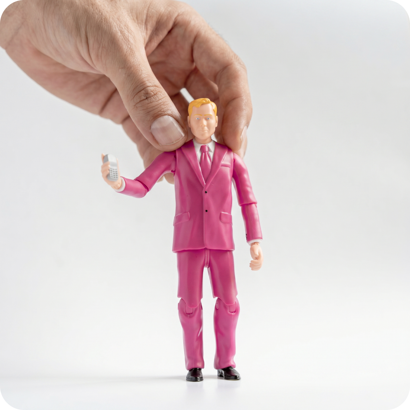Hand hält die RoberT Actionfigur in Magenta.