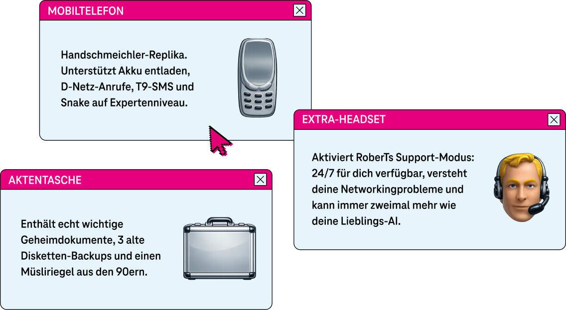 Drei Retro-Fenster zeigen die Legacy Action Items: Mobiltelefon, Extra-Headset und Aktentasche.