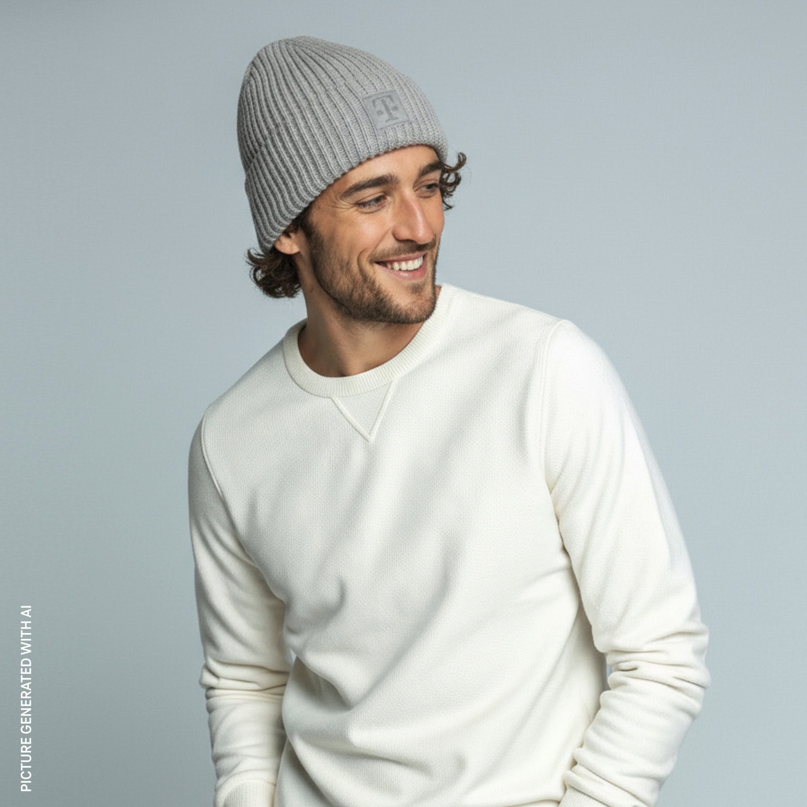 Ein Mann mit einer grauen Strickmütze und einem weißen Pullover lächelt, während er vor einem schlichten, hellen Hintergrund zur Seite blickt.