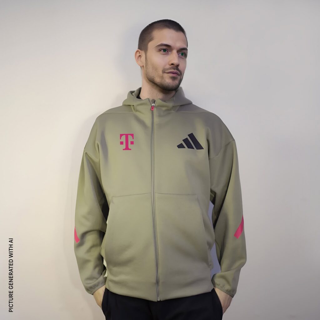 Ein Mann in einem hellolivfarbenen Kapuzenpullover mit Reißverschluss und den Logos von T-Mobile und Adidas steht vor einem schlichten Hintergrund und blickt leicht zur Seite.