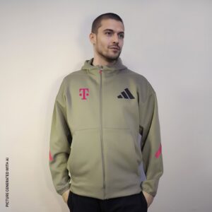 Ein Mann in einem hellolivfarbenen Kapuzenpullover mit Reißverschluss und den Logos von T-Mobile und Adidas steht vor einem schlichten Hintergrund und blickt leicht zur Seite.