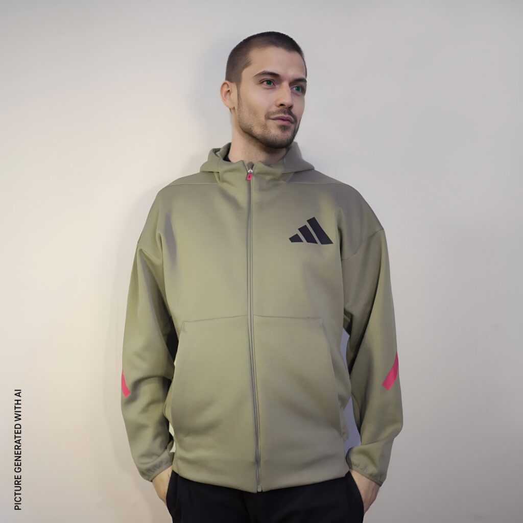 Ein Mann, der einen hellolivfarbenen Kapuzenpullover mit Reißverschluss und einem schwarzen geometrischen Logo trägt, steht vor einem schlichten hellen Hintergrund, die Hände entspannt an den Seiten.