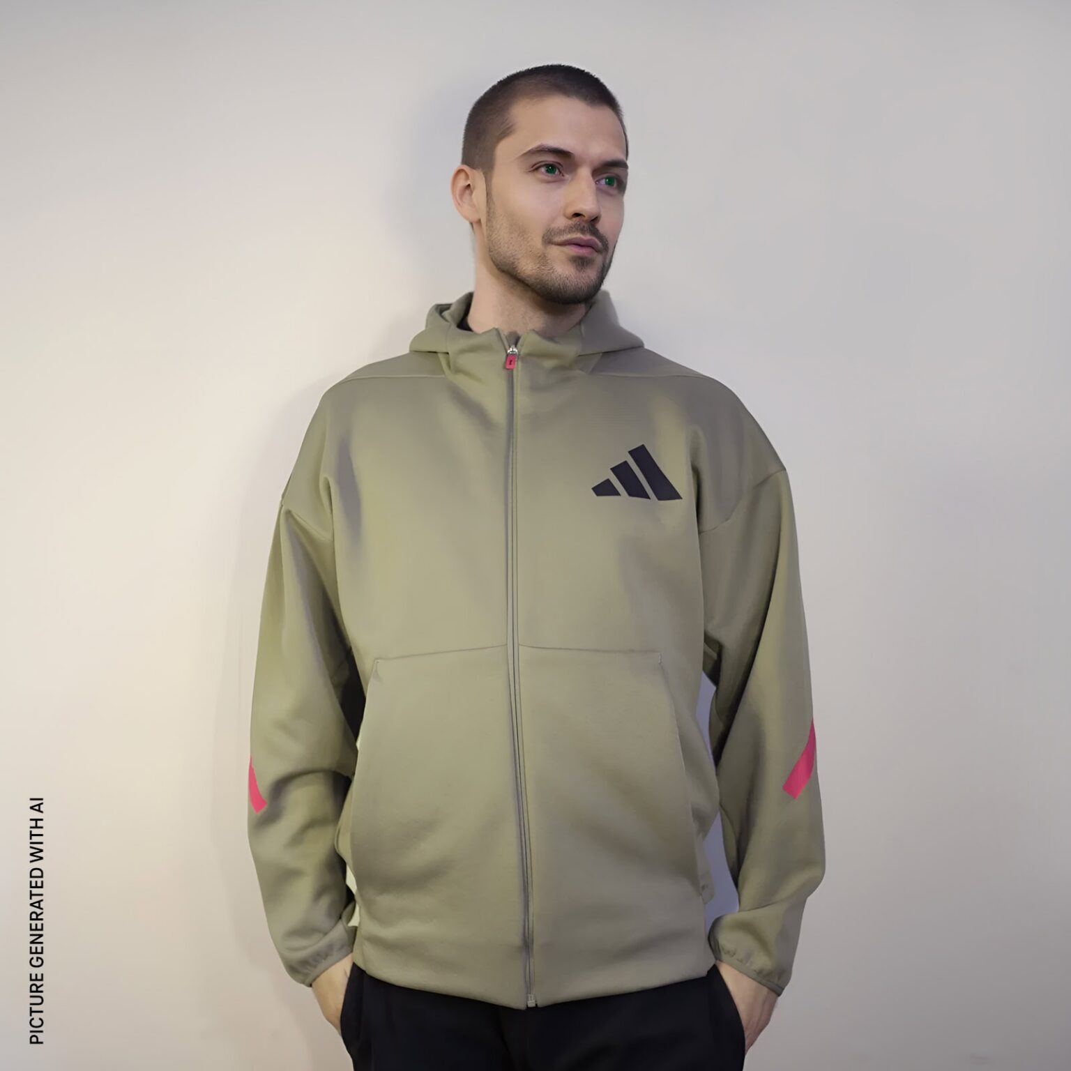 Ein Mann, der einen hellolivfarbenen Kapuzenpullover mit Reißverschluss und einem schwarzen geometrischen Logo trägt, steht vor einem schlichten hellen Hintergrund, die Hände entspannt an den Seiten.