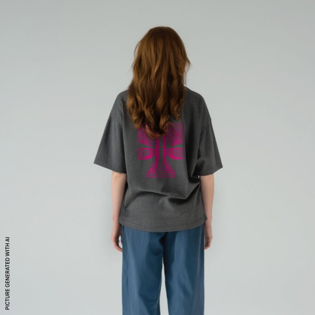 Vor einem schlichten hellen Hintergrund steht eine Person mit langen braunen Haaren mit dem Rücken zur Kamera; sie trägt ein graues T-Shirt mit einem großen rosa Kreuzmotiv auf dem Rücken und eine blaue Hose.