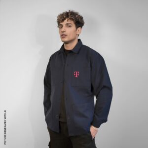 Ein junger Mann mit lockigem Haar trägt eine dunkle Jacke mit einem rosa T-Logo auf der Brust und steht vor einem schlichten grauen Hintergrund. In der Ecke des Bildes steht: „PICTURE GENERATED WITH AI“.