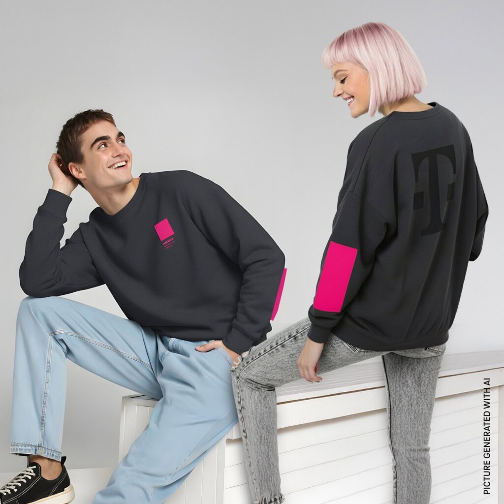 Zwei Personen in Freizeitkleidung lächeln einander an. Die eine sitzt mit angezogenen Knien da, trägt Jeans und Turnschuhe; die andere steht, trägt eine hellgraue Hose und hat kurzes, rosa Haar. Beide tragen dunkle Sweatshirts mit rosa Akzenten.