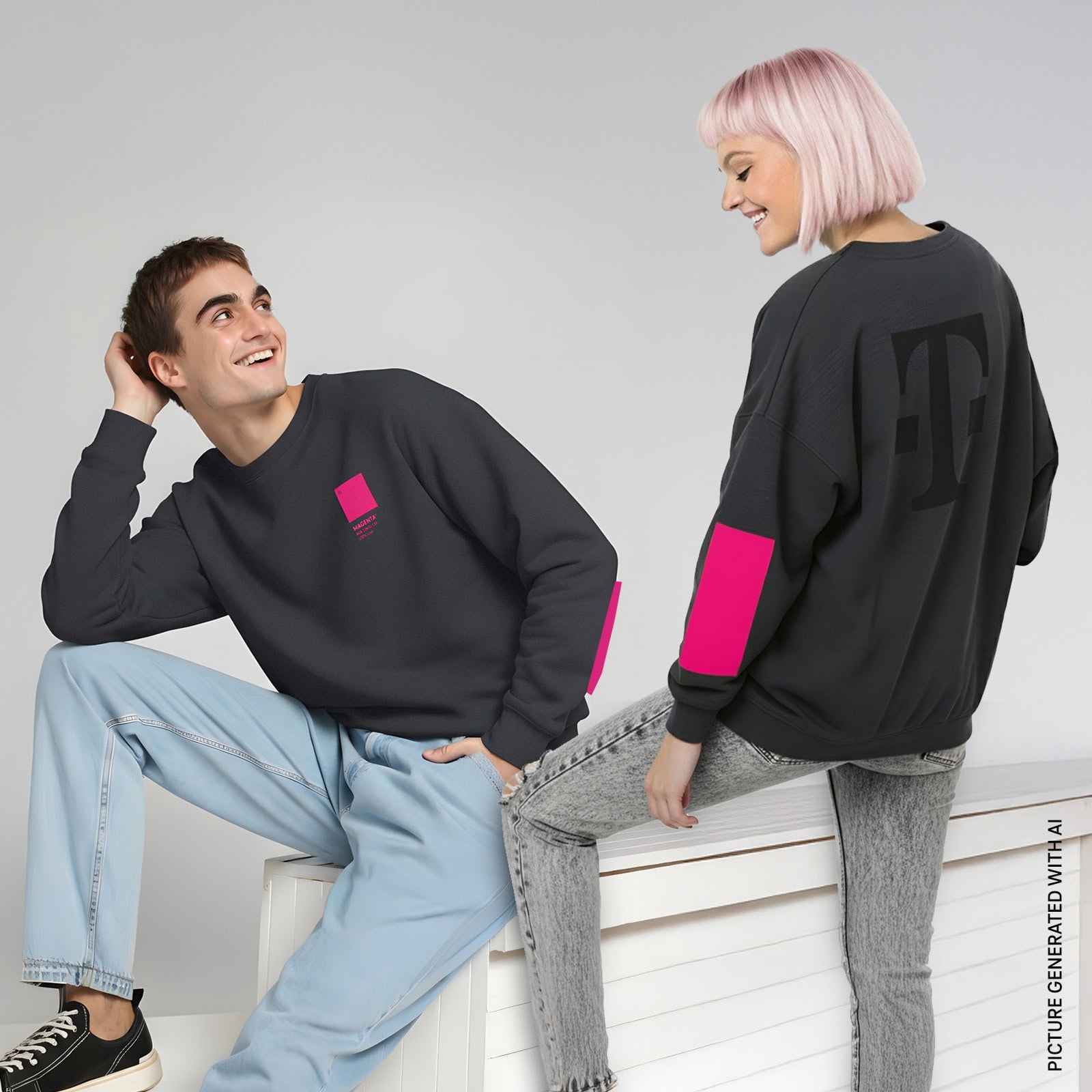 Zwei Personen in Freizeitkleidung lächeln einander an. Die eine sitzt mit angezogenen Knien da, trägt Jeans und Turnschuhe; die andere steht, trägt eine hellgraue Hose und hat kurzes, rosa Haar. Beide tragen dunkle Sweatshirts mit rosa Akzenten.