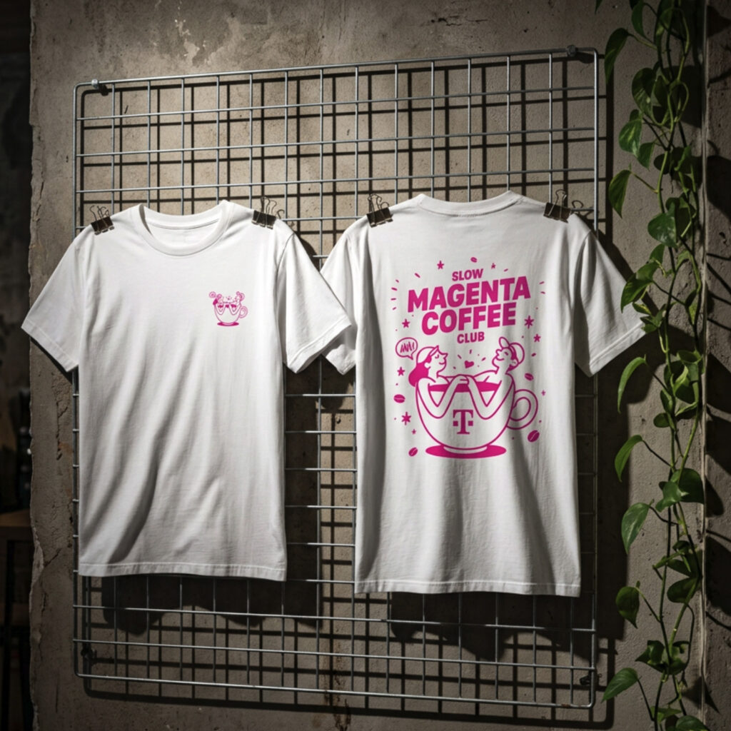 An einem Metallgitter hängen zwei weiße T-Shirts. Das vordere Shirt hat ein kleines rosa Logo in Form einer Kaffeetasse; das hintere Shirt ziert eine große rosa Grafik mit der Aufschrift „SLOW MAGENTA COFFEE CLUB“, zwei Kaffeetassen und dekorativen Elementen.