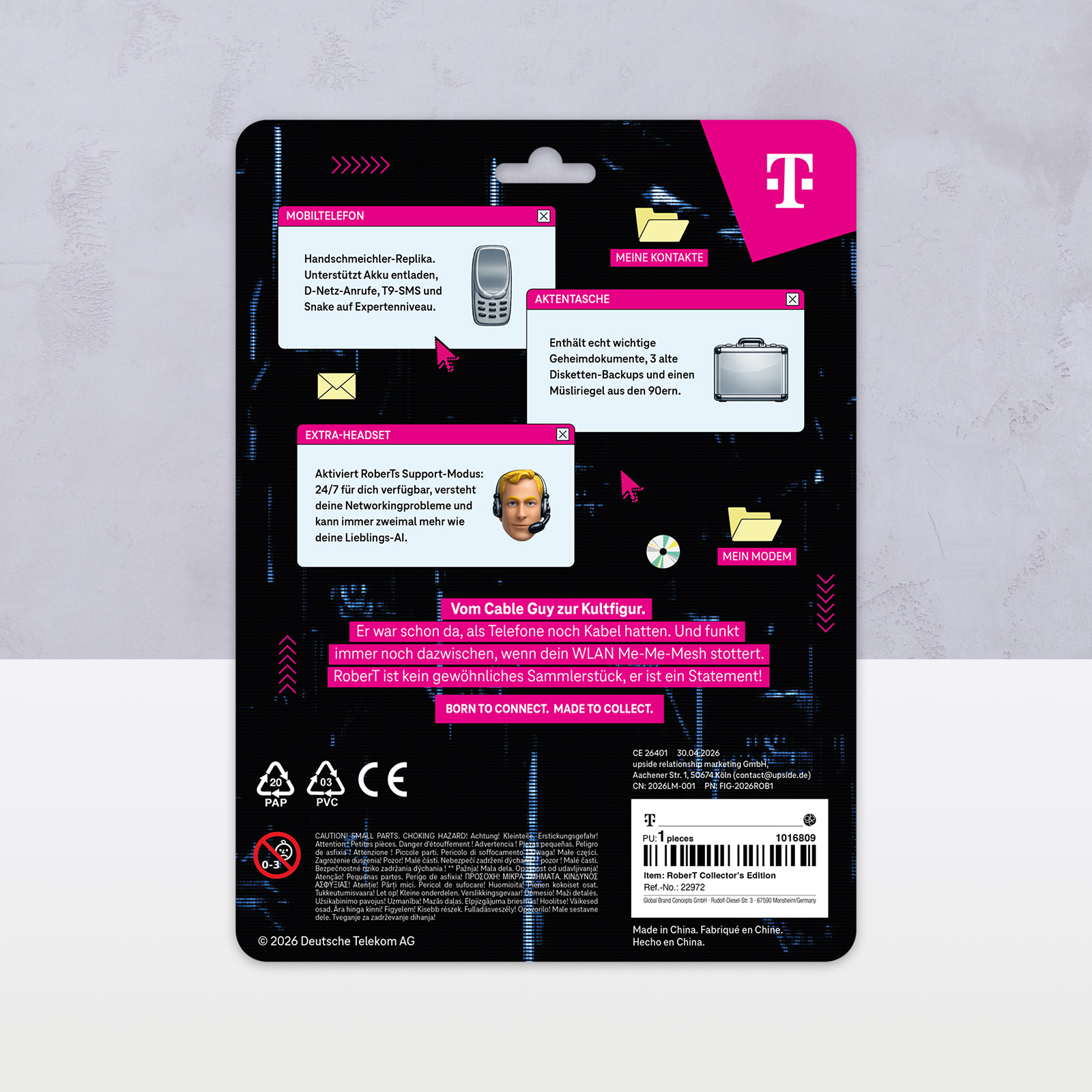 Auf der Rückseite einer Produktverpackung der Deutschen Telekom sind Symbole, Anweisungen und Beschreibungen in deutscher Sprache zu sehen, hervorgehoben durch magentafarbene Akzente und ein weißes Telekom-Logo auf einem schwarz gemusterten Hintergrund. Unten steht: „Geboren, um zu verbinden. Gemacht, um zu sammeln.“.