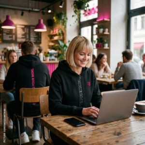 Eine Frau sitzt an einem Holztisch in einem gemütlichen Café und lächelt, während sie an einem Laptop arbeitet. Um sie herum befinden sich mehrere Menschen, von denen einige sich unterhalten und andere arbeiten; im Hintergrund sind Pflanzen und eine Speisekarte zu sehen.