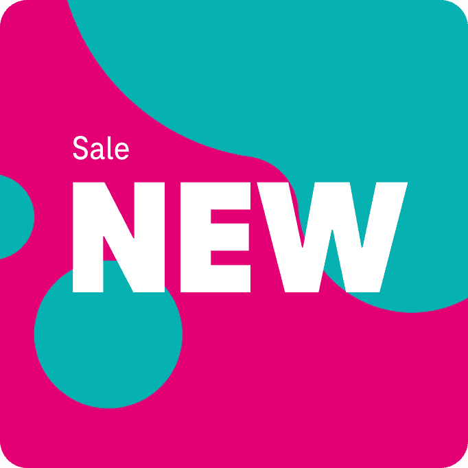 Quadratische Grafik mit einem abstrakten Hintergrund in Rosa und Blaugrün. Das Wort „NEW“ ist in großen weißen Buchstaben zu sehen, darüber steht in kleinerer weißer Schrift „Sale“.