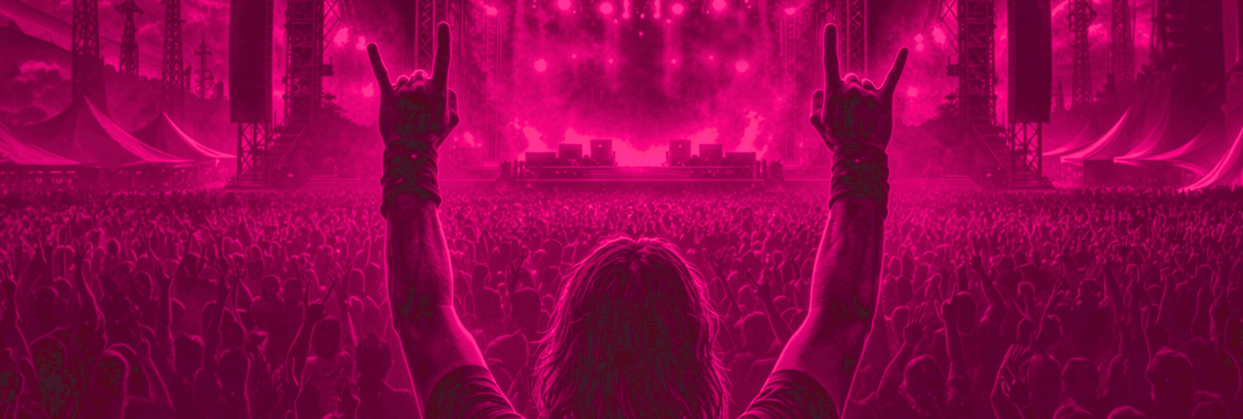 Eine Person bei einem großen Open-Air-Konzert reckt beide Hände in der Rock-’n’-Roll-Geste in Richtung einer hell erleuchteten Bühne, umgeben von einer jubelnden Menschenmenge unter rosafarbenen Lichtern.