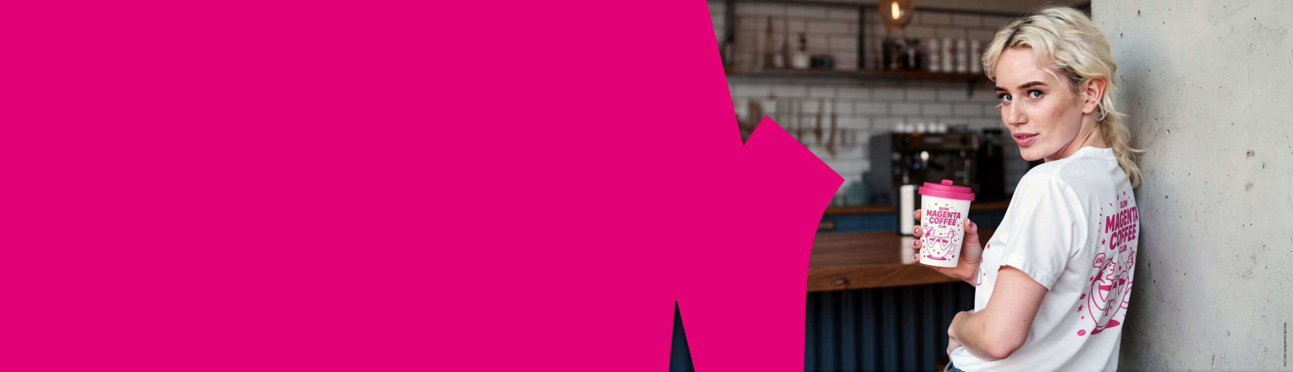 Eine Frau mit blonden Haaren lehnt an einer Theke, hält einen rosa-weißen Becher in der Hand und trägt ein weißes T-Shirt mit rosa Aufdruck; im Hintergrund sind Regale und Tassen zu sehen. Links ist ein großes rosa Motiv zu sehen.
