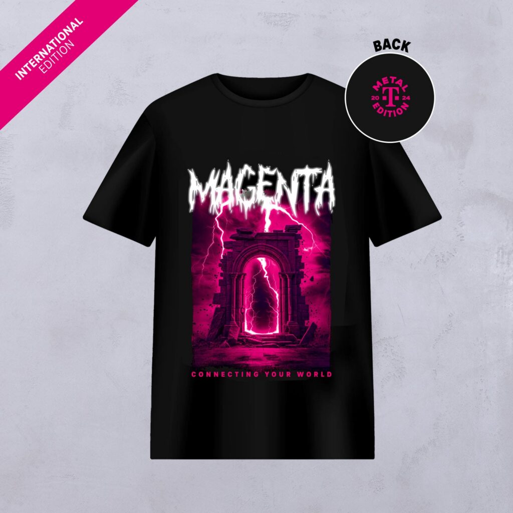 Schwarzes T-Shirt mit einem leuchtenden magentafarbenen Torbogen, einem Blitz und dem Schriftzug „MAGENTA“ darüber. Darunter steht „CONNECTING YOUR WORLD“. Diese vom LOVE MAGENTA Studio entworfene INTERNATIONAL EDITION ist auf der Rückseite mit einem magentafarbenen T-Logo versehen.
