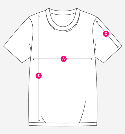 Strichzeichnung eines T-Shirts mit drei Maßpfeilen, die mit A (Breite), B (Länge) und C (Ärmellänge) beschriftet sind, zur Veranschaulichung der jeweiligen Maßnahme.
