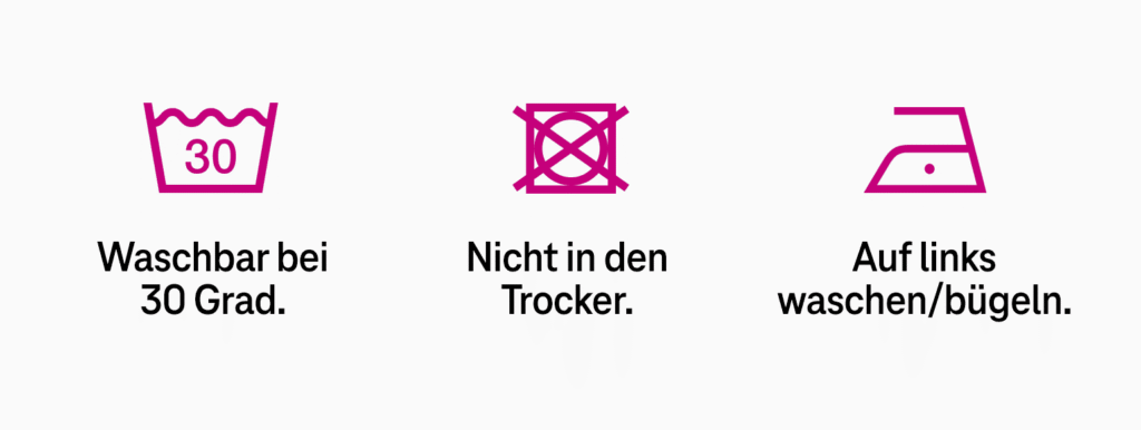 Drei Waschsymbole: Bei 30 °C waschen, nicht im Wäschetrockner trocknen und auf links bügeln. Unter jedem Symbol erklärt ein deutscher Text die Anweisungen.