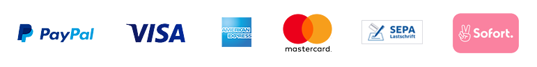 Logos der Zahlungsmethoden PayPal, Visa, American Express, Mastercard, SEPA und Sofort, die in einer Reihe auf weißem Hintergrund dargestellt sind.