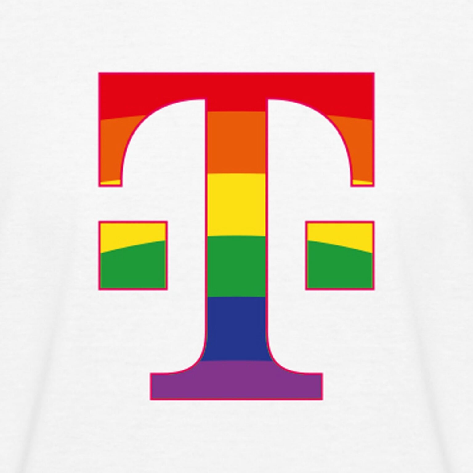 Ein großes, markantes „T“ ist mit horizontalen Regenbogenstreifen gefüllt, die die LGBTQ+-Pride-Flagge symbolisieren. Das Motiv wurde im lebhaften Stil des LOVE MAGENTA Studios gestaltet und hebt sich deutlich von einem schlichten weißen Hintergrund ab.