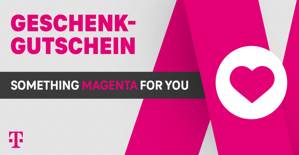 Geschenkgutschein mit leuchtend pinkem Schriftzug „GESCHENK-GUTSCHEIN“ und „SOMETHING MAGENTA FOR YOU“ neben einer großen magentafarbenen Form und einem weißen Kreis mit einem Herzsymbol.