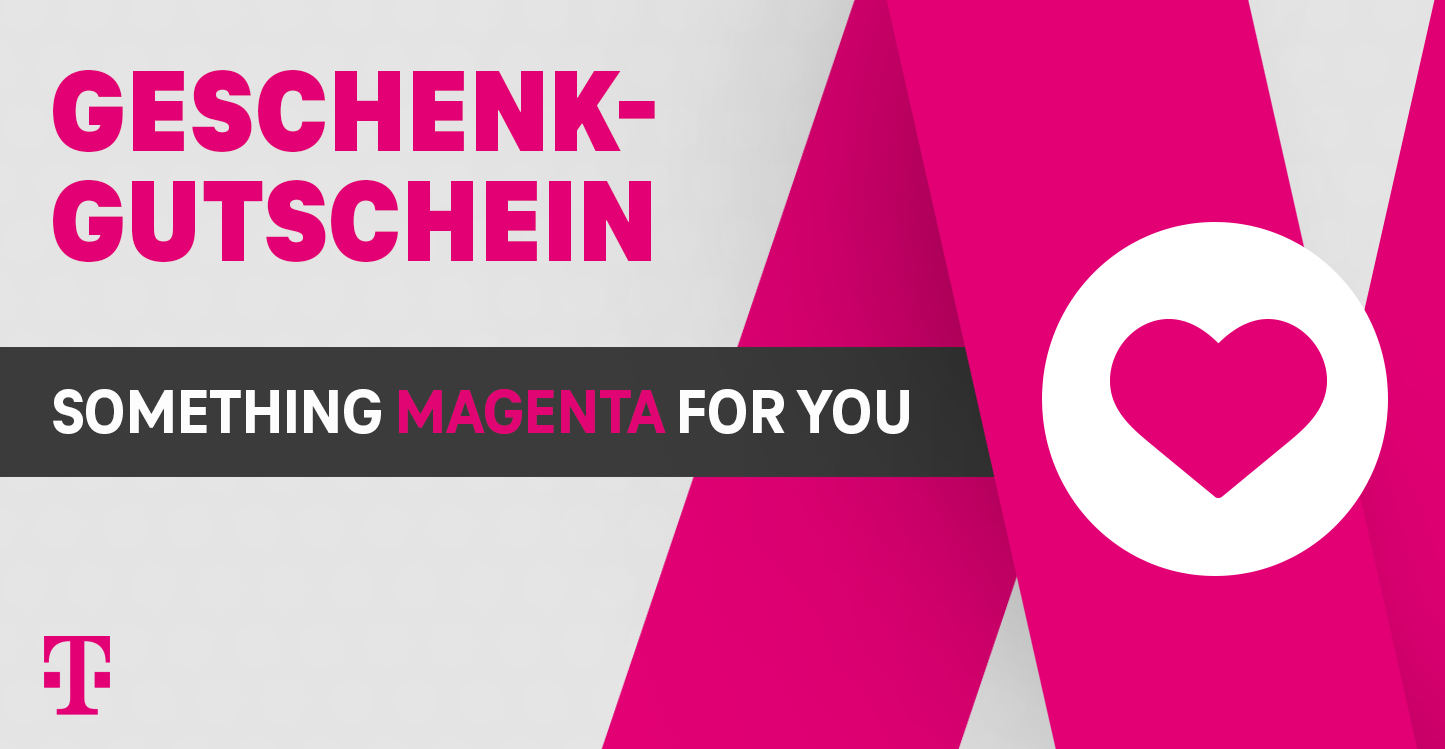 Geschenkgutschein mit leuchtend pinkem Schriftzug „GESCHENK-GUTSCHEIN“ und „SOMETHING MAGENTA FOR YOU“ neben einer großen magentafarbenen Form und einem weißen Kreis mit einem Herzsymbol.