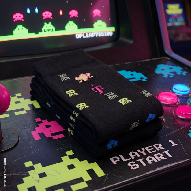 Zusammengefaltete schwarze Socken mit bunten „Space Invaders“-Motiven liegen auf einer Retro-Spielkonsole, die den Schriftzug „Player 1 Start“, Tasten, einen Joystick und Aliens-Grafiken auf schwarzem Hintergrund zeigt.