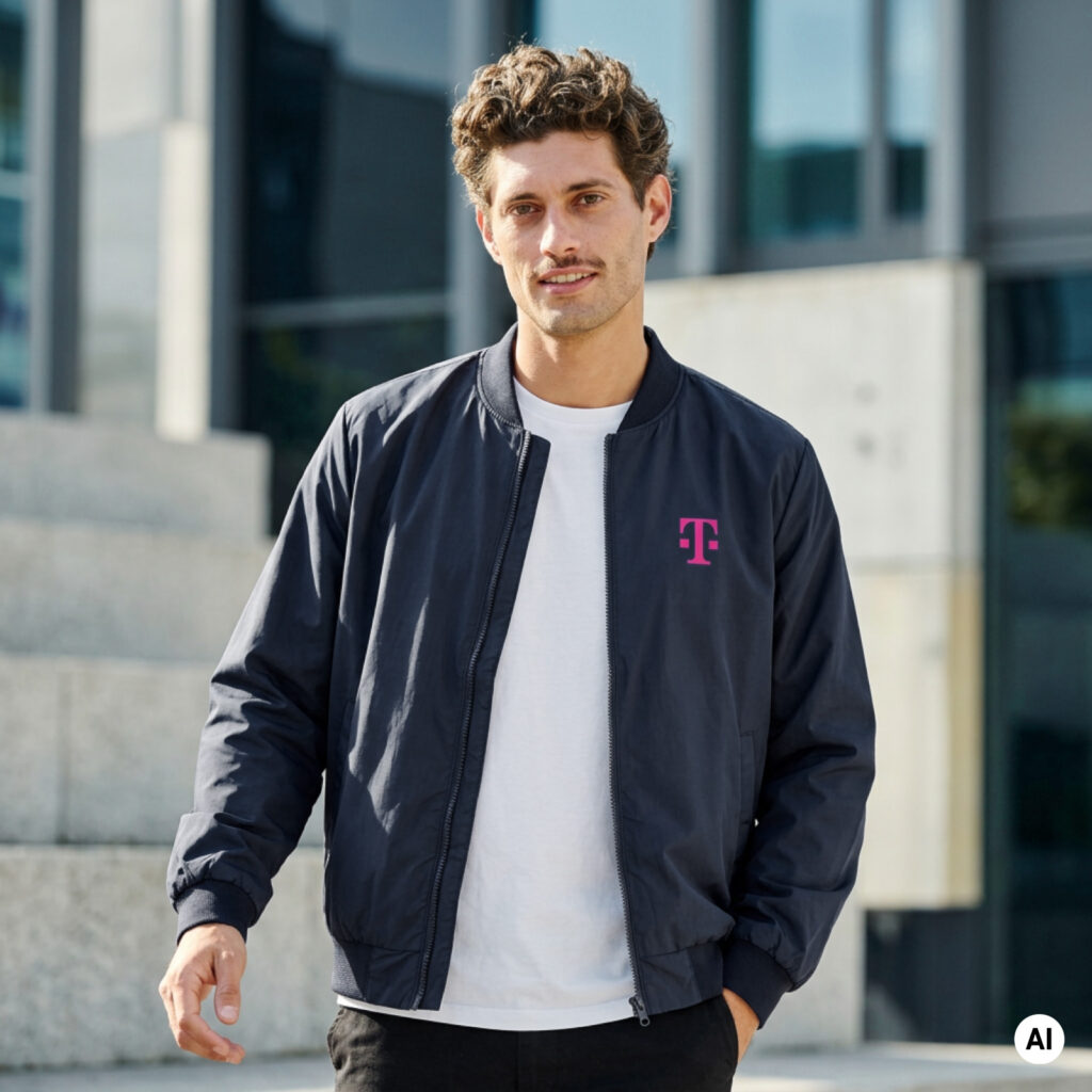 Ein junger Mann, der eine marineblaue Jacke mit einem rosa T-Mobile-Logo, darunter ein helles Karohemd und eine schwarze Hose trägt, steht vor einem schlichten grauen Hintergrund.