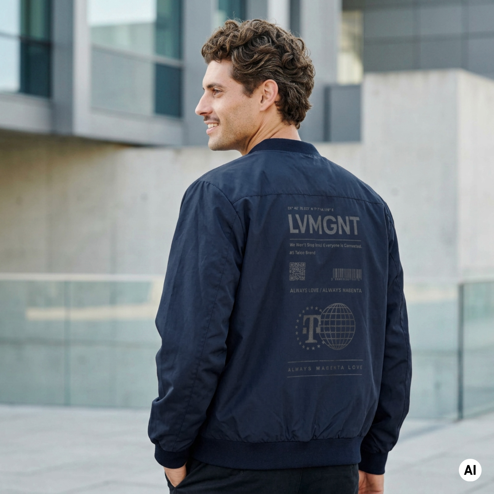 Ein Mann mit lockigem braunem Haar, der eine marineblaue Jacke mit weißer Aufschrift auf dem Rücken trägt, steht draußen in der Nähe moderner Glasgebäude, lächelt und blickt über seine Schulter.