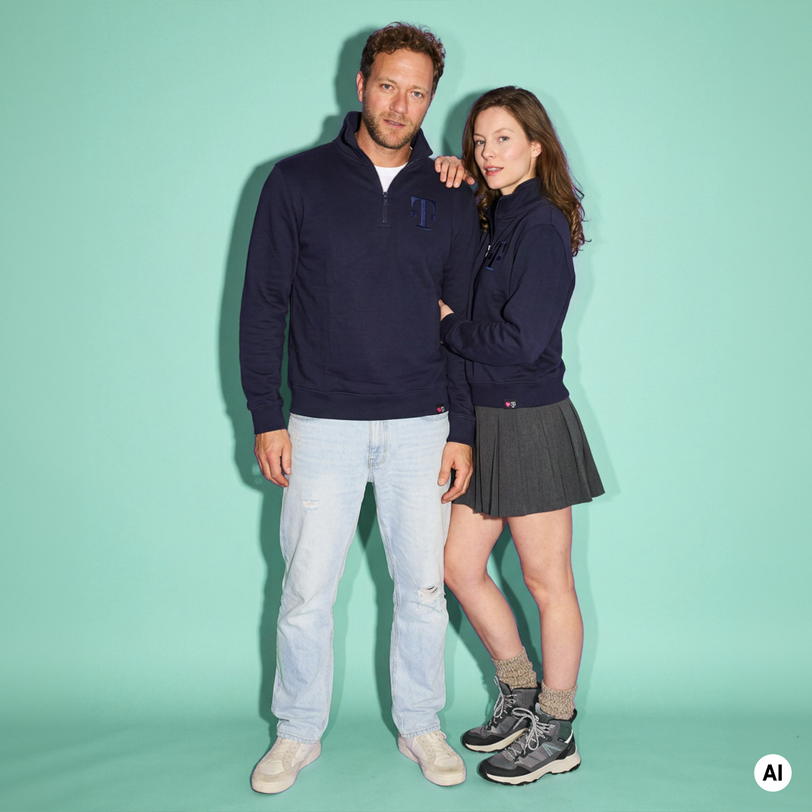 Ein Mann in einem dunkelblauen Pullover und hellen Jeans steht neben einer Frau in einem dunkelblauen Kapuzenpullover, einem grauen Faltenrock und Sneakers. Sie hat ihren Arm in den seinen gehakt. Beide posieren vor einem mintgrünen Hintergrund.