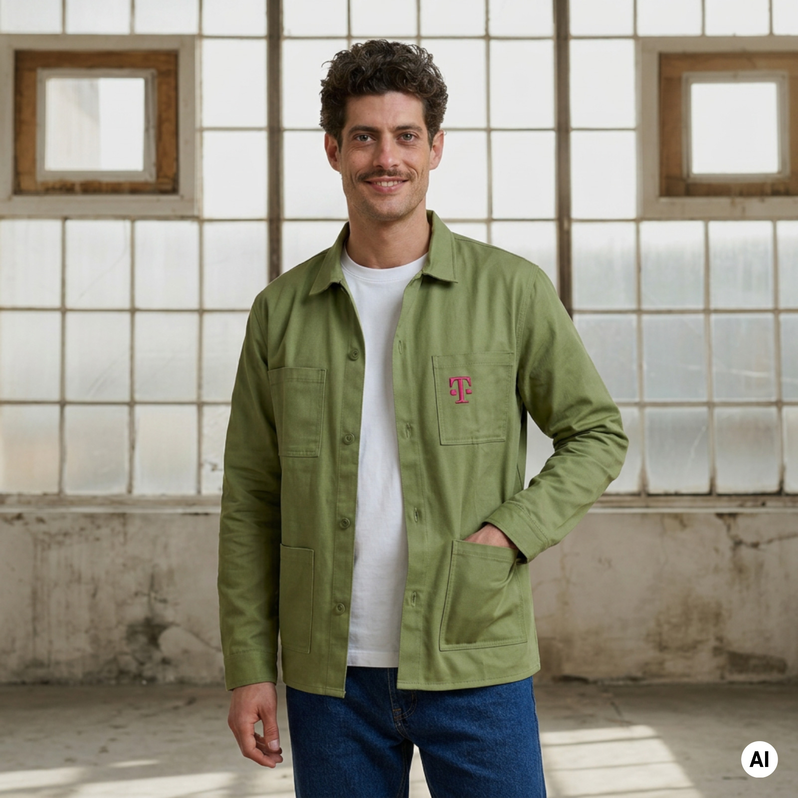 Ein Mann mit lockigem Haar und Schnurrbart lächelt; er trägt eine hellgrüne Jacke mit einem rosa T-Logo, blaue Jeans und ein weißes Hemd und steht vor großen Industriefenstern.