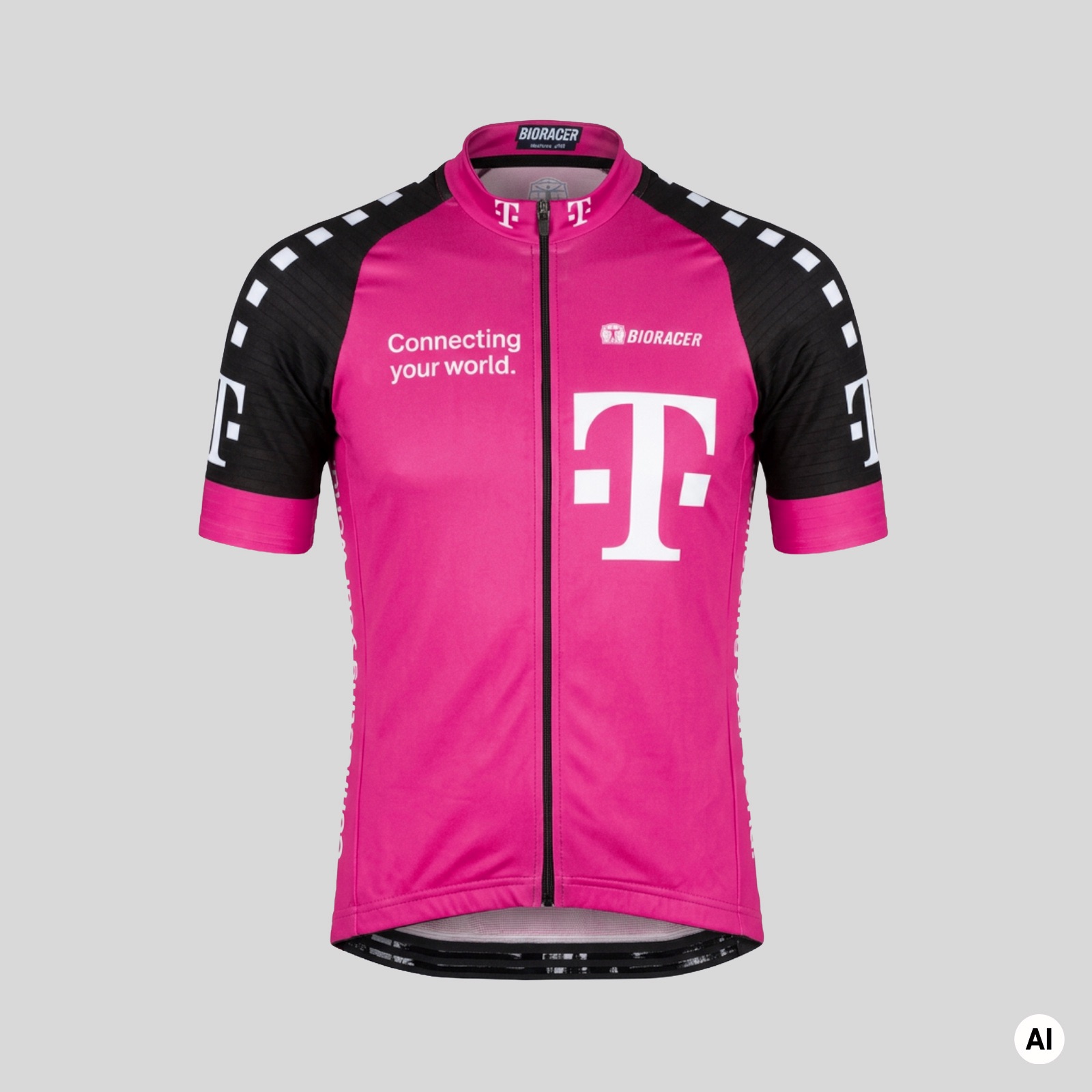 Magentafarbenes Telekom Cycling Jersey von vorn mit weißem T-Logo und dem Schriftzug „Connecting your world."