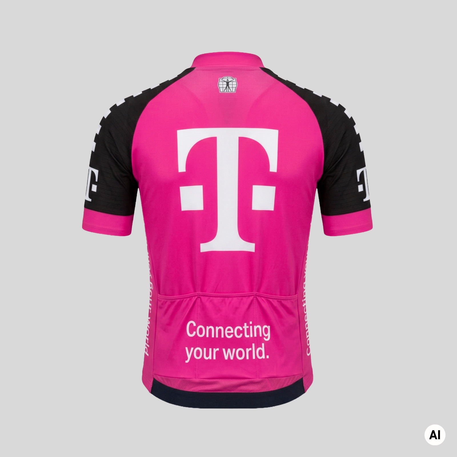 Rückseite des magentafarbenen Telekom Cycling Jersey mit großem weißem T-Logo und Rückentasche